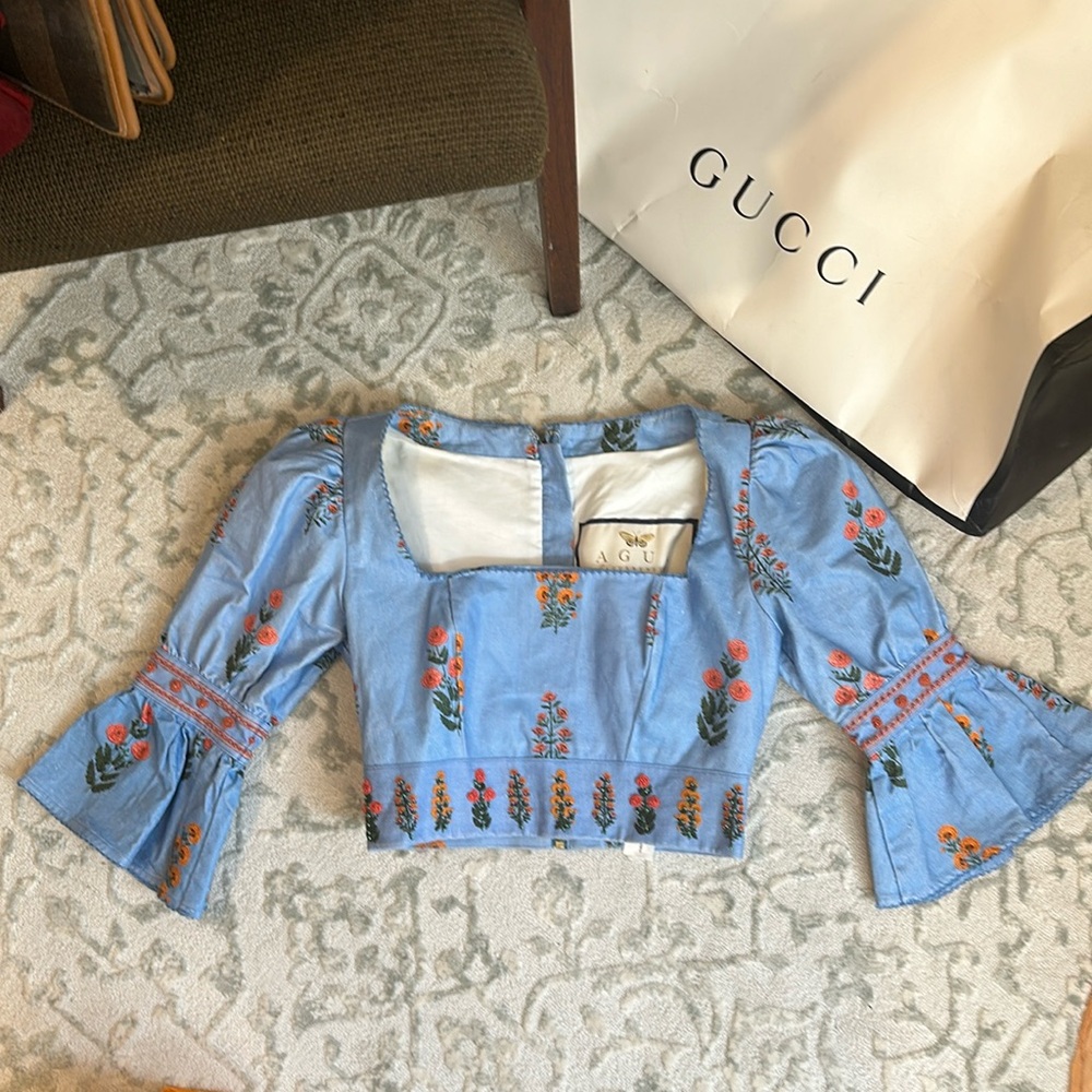 Agua Bendita Violeta floral hand embroidered beaded linen blue top xs